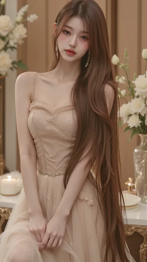 (Highest Quality。 max resolution。 Super Real Photos 。 Full Body Portrait 。) lengther than height髪の美女が一人いる。 More beautiful than a beautiful actress。 beautiful young woman。 She has a beautiful and cute face、Looks like a top model 。 With a kind smile。 her ...