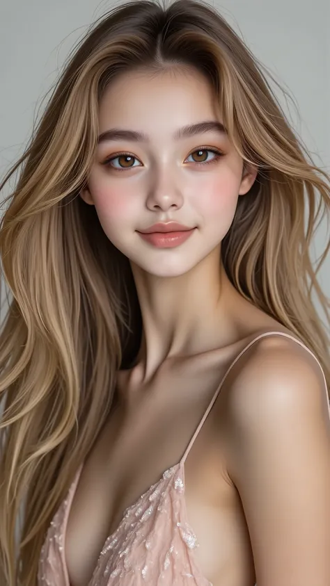 (Highest Quality。 max resolution。 Super Real Photos 。 Full Body Portrait 。) lengther than height髪の美女が一人いる。 More beautiful than a beautiful actress。 beautiful young woman。 She has a beautiful and cute face、Looks like a top model 。 With a kind smile。 her ...