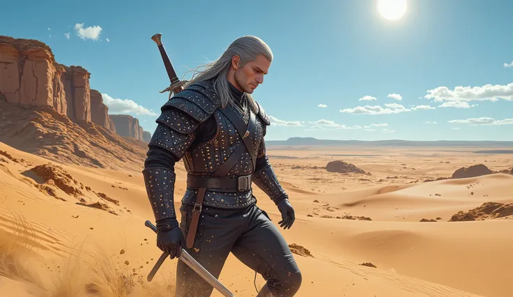 Geralt of Rivia, walking on the desert under the scorching sun, side view, panoramic