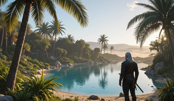 Geralt of Rivia, found oasis in the desert with cold water pool under the palm trees, view from the front, panoramic
