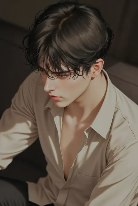 "sexy anime scene in the evening inside the cozy living room, handsome man sitting face down on sofa. ชายคนนี้มีshort hair , black hair, wet curls, sweat, dark teary eyes ready Long eyelashes, Thick eyelashes, sharp and palpable eyesight, Broad shoulders, ...