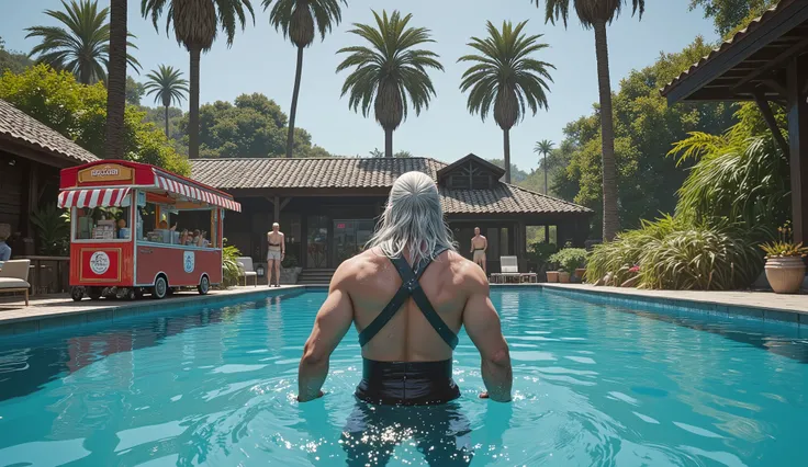 Geralt of Rivia, camera view from his back, swimming in cold water pool under the palm trees at the oasis, suddenly ice cream vendor with ice cream cart approacing