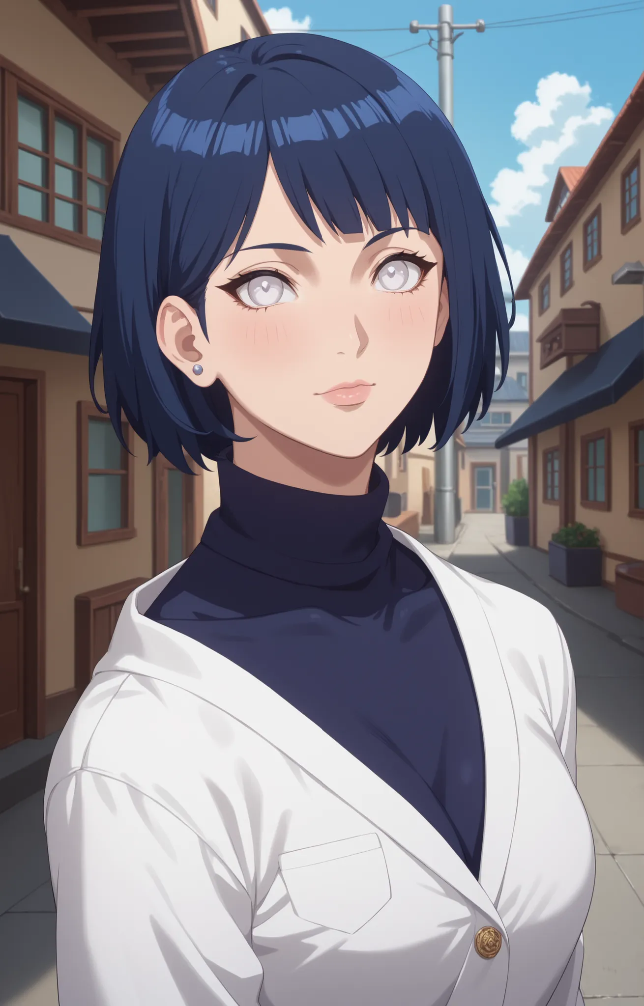 score_9,score_8_up,score_7_up,solo,looking at viewer, Hyūga_Hinata's/Boruto, White Eyes, short hair,bangs,shirt,Dark Blue hair,(Old West) (the secret underground bar)), lustfull Female, Very Attractive Woman, School, formal, work attire - design your absol...