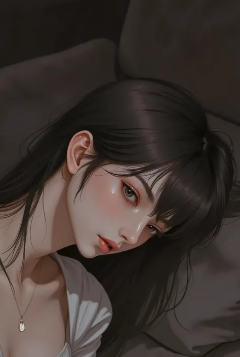 "sexy anime scene in the evening inside the cozy living room, pretty woman sitting face down on sofa. หญิงคนนี้มีlong hair, messy black hair, wet sweat, dark teary eyes ready Long eyelashes, Thick eyelashes, sharp and palpable eyesight, And soft light, Int...