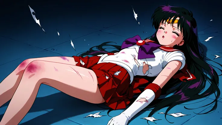 masterpiece, amazing quality, best quality, ultra-detailed, 8K, illustration, clear skin, ultra-detailed-eyes, soft skin, very awa, very as2, soft body, 90's style, official art, rei hino, black hair, long hair, parted bangs,gloves, magical girl, pleated s...