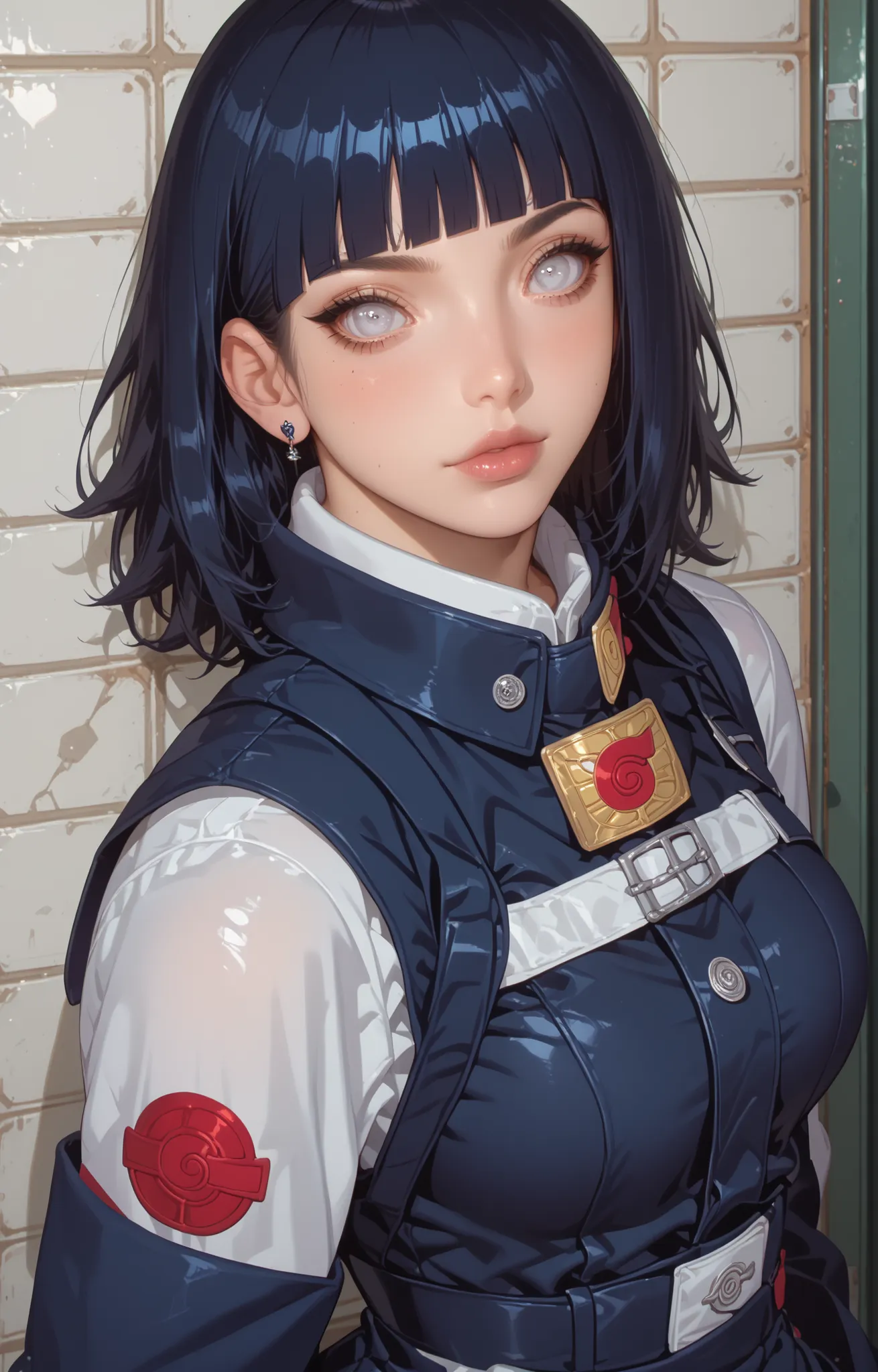 score_9,score_8_up,score_7_up,solo,looking at viewer, Hyūga _Hinata's/Boruto, White Eyes, Medium hair, Her's Long Bangs one that covers her face and the other hangs behind her head down past her shoulders,Dark Blue hair,(Future Era, Alternate Sci Fi Of Nar...