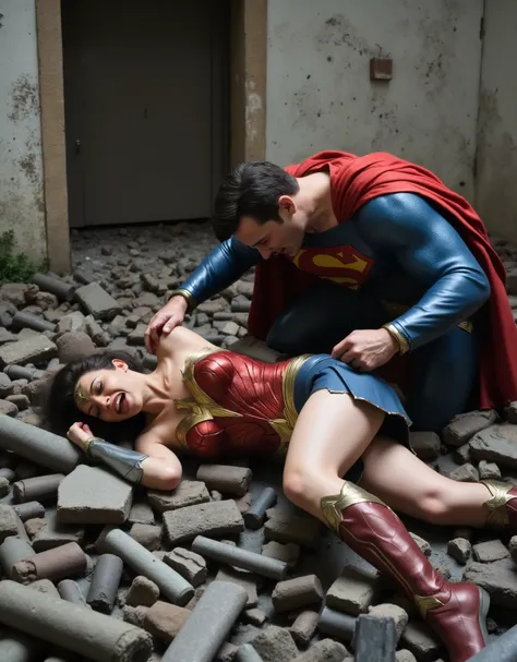 Wonder woman is laying down flat on the ruin, she is raped by Superman, she is unconsciousness, painful, eyes close, Superman is bending over her body from her leg, Superman's eyes is red, screaming, whole body visible from head to feet, hyperrealism,