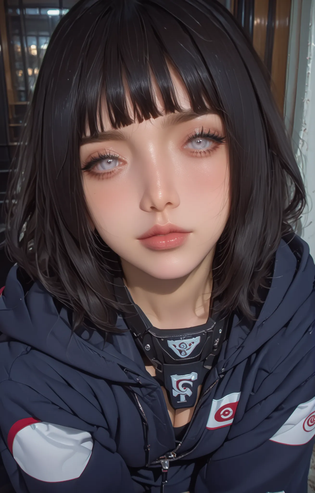 score_9,score_8_up,score_7_up,solo,looking at viewer, Hyūga _Hinata's/Boruto, White Eyes, Medium hair, Her's Long Bangs one that covers her face and the other hangs behind her head down past her shoulders,Dark Blue hair,(Future Era, Alternate Sci Fi Of Nar...