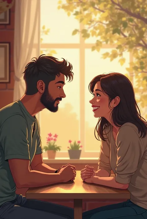 Two characters, one who is listening carefully and the other who speaks with a happy face. 
.