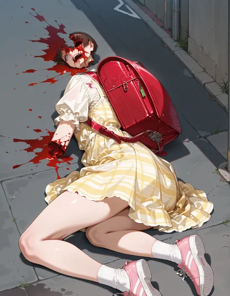 Masterpiece, hd, 1girl, wearing summer dress, colorful dress, short sleeves, puffy sleeves, wearing white socks, pink shoes, wearing school backpack, red backpack, fullbody, lying, lying on ground,  outdoor, streets, gore, (gore:1.3), blood,(blood:1.2), a ...