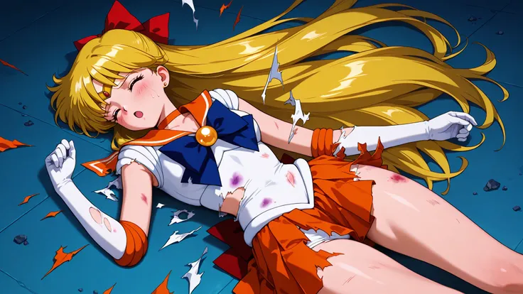 masterpiece, amazing quality, best quality, ultra-detailed, 8K, illustration, clear skin, ultra-detailed-eyes, soft skin, very awa, very as2, soft body, 90's style, official art, minako aino, blonde hair, hair bow, half updo, long hair, red bow, tiara,back...