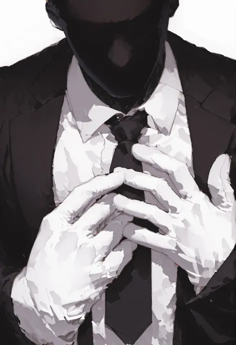 close-up portrait, solo, a tall and muscular man wearing a sleek black suit, white shirt, black tie, adjusted his tie white his white glove hand. His entire head is completely shadowed in black, white background. dark face, noface, no eyes, no face sharp, ...