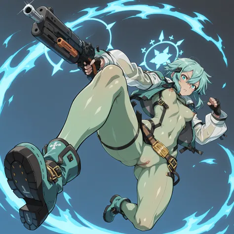 Guilty Gear，dynamic on the aisleな構図，Guilty Gear，A girl has her nipples pierced by a giant needle gun.，Guilty Gear，dynamic on the aisleポージング，dynamic on the aisleな構図傑作, Highest Quality, 1 girl, pointed chest,sinon，nipple bulge visible from the top of clothes...