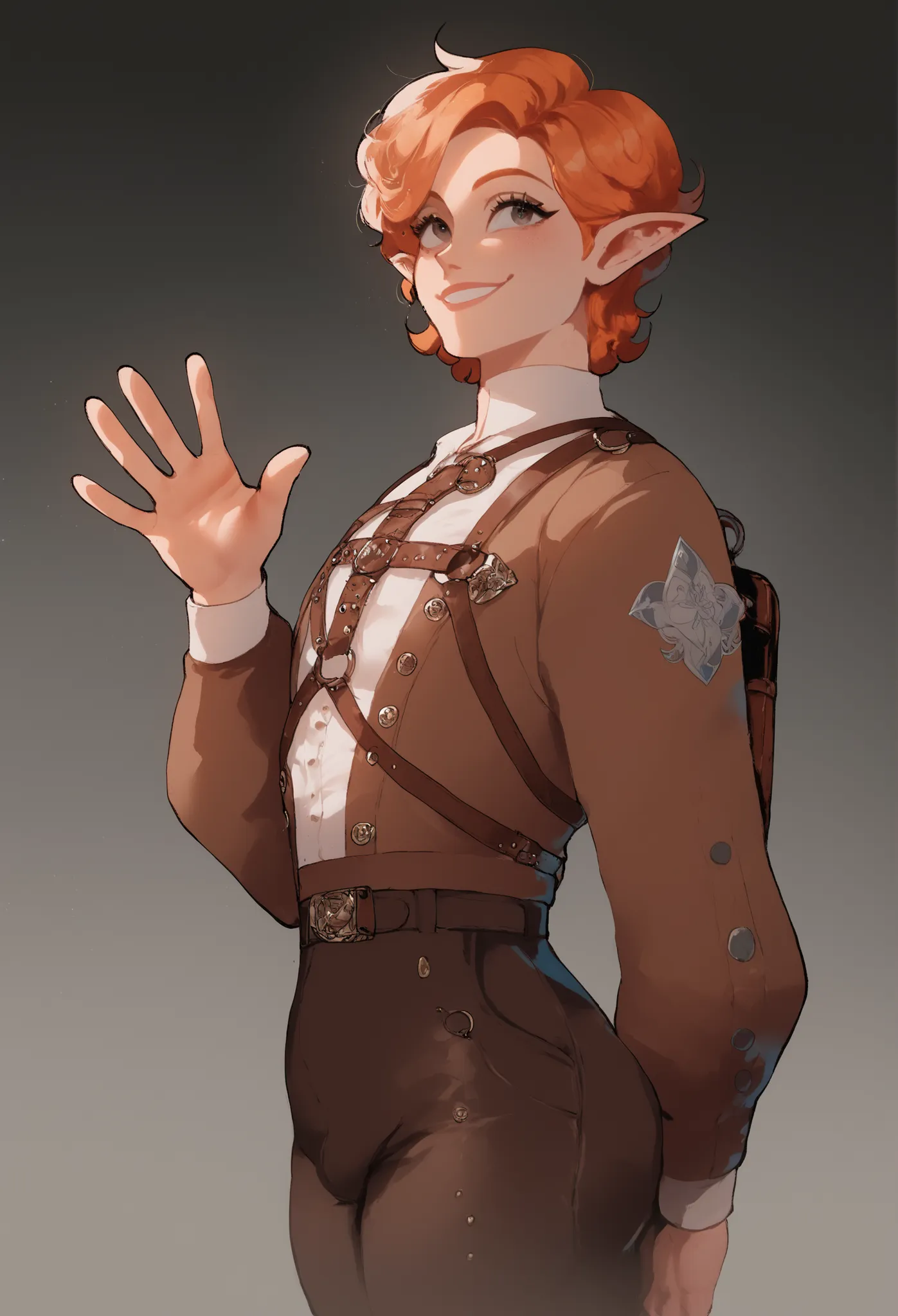 (Masterpiece, Best Quality, High Quality:1.4), (professional artwork, extremely detailed), 1boy, short height, narrow shoulders, slim, (femboy), skinny, ginger hair,  dark eyes, pointy ears, smile, adventuring gear, (medieval clothes), brown work trousers,...