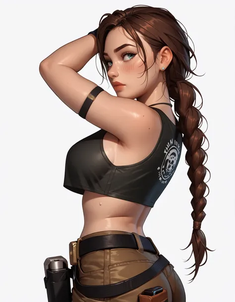 A highly detailed and stylized digital illustration of the athletic and beautiful adventurer Lara Croft, sporting a sensual pose with a flirty expression, wearing a teal ((revealing crop top)), brown tactical shorts, two black holsters, black fingerless gl...