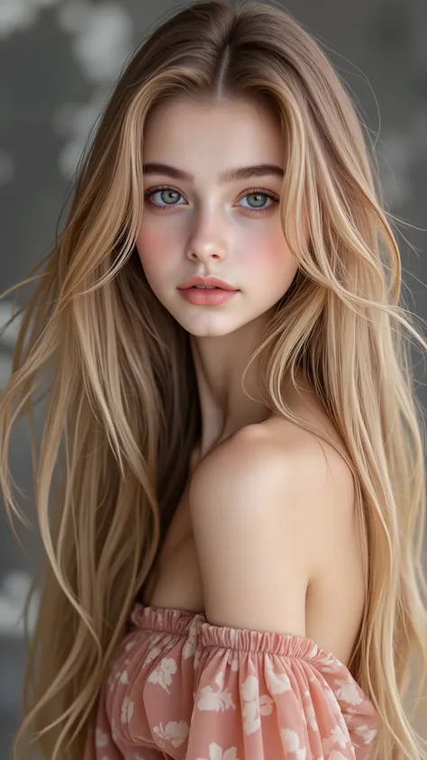(Highest Quality。 max resolution。 Super Real Photos 。 Full Body Portrait 。) lengther than height髪の美女が一人いる。 More beautiful than a beautiful actress。 beautiful young woman。 She has a beautiful and cute face、Looks like a top model 。 With a kind smile。 her ...