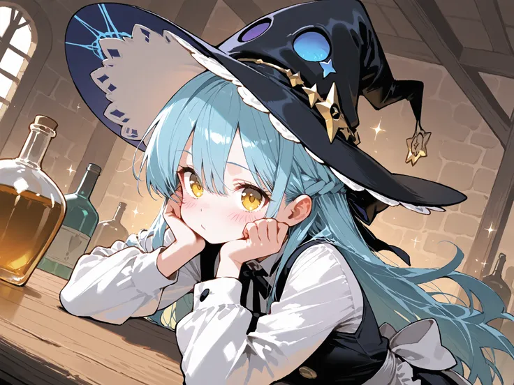 (beautiful girl:1.3), (1girl:1.3), (petite and cute, witch girl, bartender, witch hat), bright blue hair, (half updo:1.3), long hair, yellow eyes, bashful, blush, alchemical bottles and potions, dynamic angle, medieval tavern interior, wooden table, magica...