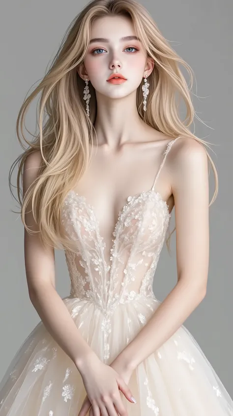 (Highest Quality。 max resolution。 Super Real Photos 。 Full Body Portrait 。) lengther than height髪の美女が一人いる。 More beautiful than a beautiful actress。 beautiful young woman。 She has a beautiful and cute face、Looks like a top model 。 With a kind smile。 her ...