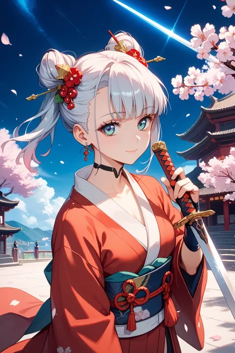 very beautiful cyberpunk girl samurai, white cherry blossoms and red kimono, night sky,beautiful sword, sword and girl incarnation dragon wrapped around the girl, aDraw the sword a little,nime fantasy artwork, beautiful anime style, cute anime character design,no ugly,no deformity,no smile,