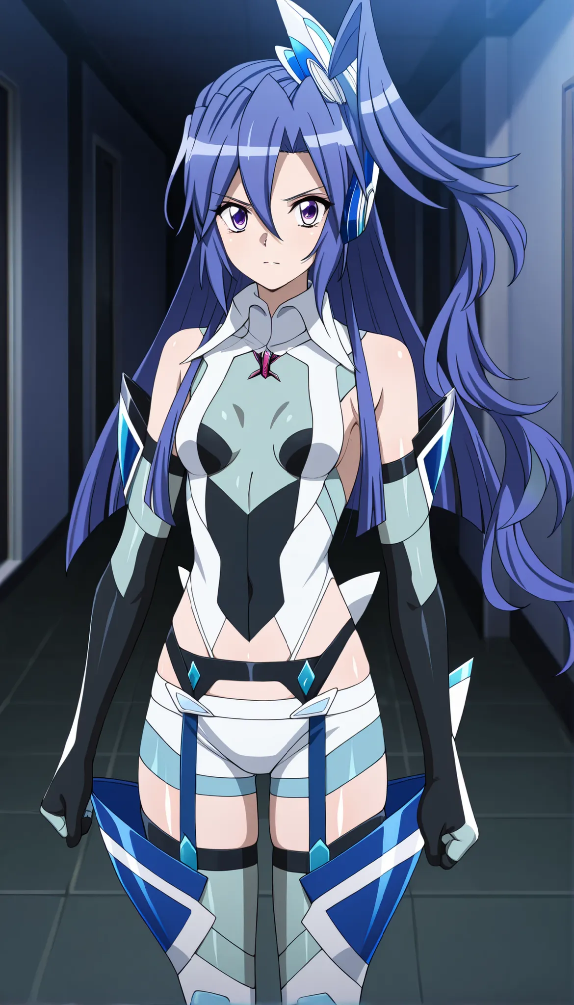 masterpiece, best quality, amazing quality, very aesthetic, absurdres, newest,shiny skin, anime screenshot, anime coloring senki zesshou symphogear, Kazanari Tsubasa,  blue_hair purple eyes,  one side up, lemon0048,see-through,elbow gloves,black gloves,gar...