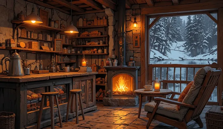 Cozy cabin with fireplace ,g sinhThe scene depicts a Cozy cabin with fireplacequán cà phê mộc mạc, overlooking a beautiful lake .
The interior has a wooden counter , on which a shiny metal coffee pot shines warm gold , symbolism of the art coffee fl...