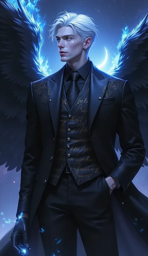Hyperreal Cinematic Full body shot of a confident man with short, white hair and bright blue eyes behind sharp aquiline facial features. He is impeccably dressed in a sleek, black, high-collared coat and tailored ves twith intricate angelic script in silv...