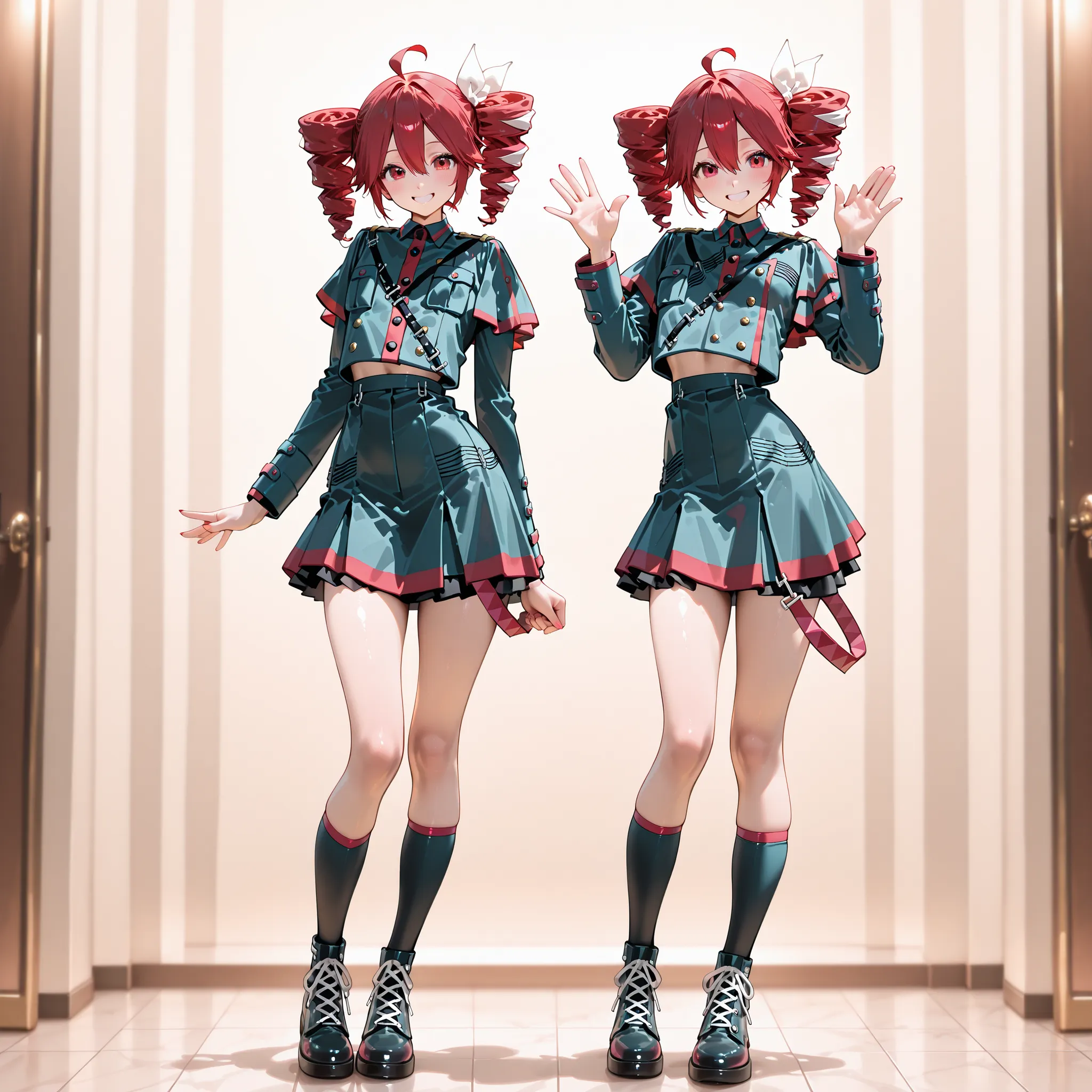   8k, Masterpiece, full body, Shapely beautiful body line, girls, solo, kasane teto, twin tail drill, red hair, flat breasts, smile, standing, waving gesture, one hand up, show palm,