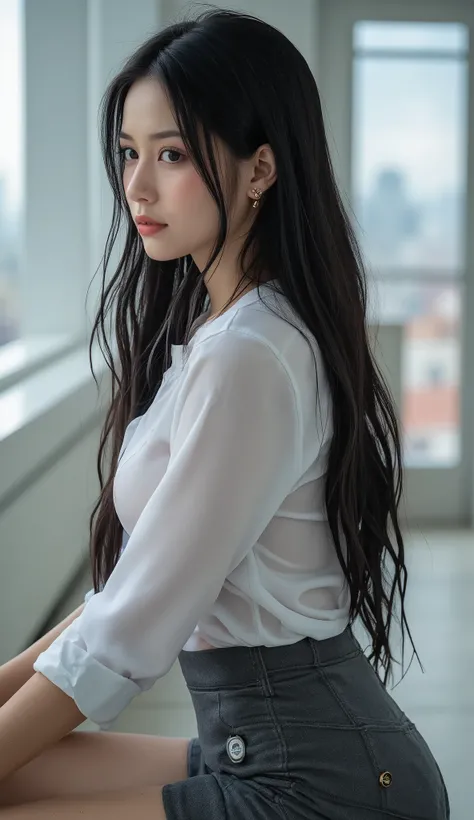 Highest Quality, Sleek long black hair  , professional office lady with long black hair, dynamic squat pose, detailed eye and skin textures, Studio Lights, 22 years old, elegant, medium bust,   Plump Lips, earrings, necklace, Charcoal Tight Suit  , white b...