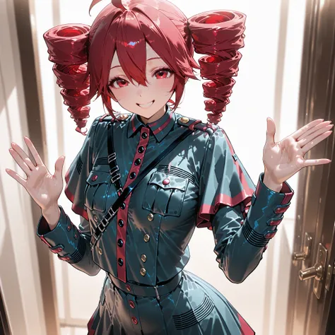   8k, Masterpiece, uniform, Shapely beautiful body line, girls, solo, kasane teto, twin tail drill, red hair, flat breasts, smile, standing, waving gesture, one hand up, show palm,