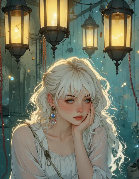 A stylish character with a bright sexy appearance. Close-up of the heroine is a young albino of European appearance with long wavy white with hair, styled with thick voluminous bangs, almost covering her eyes. She is wearing a loose translucent white blous...