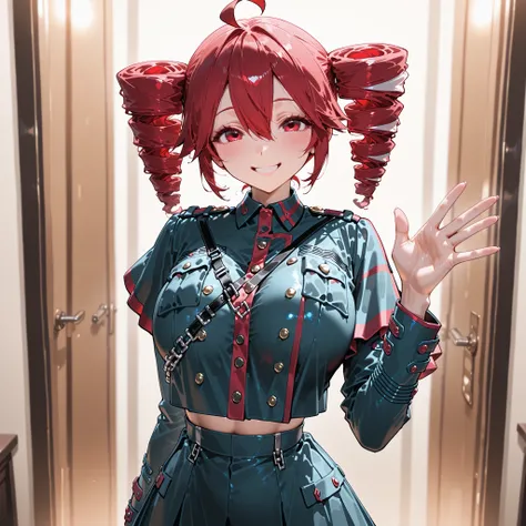   8k, Masterpiece, uniform, Shapely beautiful body line, girls, solo, kasane teto, twin tail drill, red hair, large breasts, smile, standing, waving gesture, one hand up, show palm,
