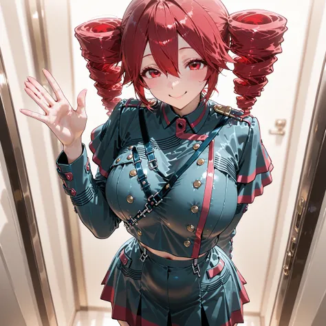   8k, Masterpiece, uniform, Shapely beautiful body line, girls, solo, kasane teto, twin tail drill, red hair, large breasts, smile, standing, waving gesture, one hand up, show palm,