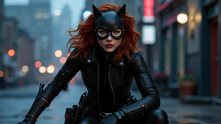 Create a realistic and epic image of a fusion between Black Widow and Catwoman. The character should have:
Face: Combine Black Widow's intense and cunning expression with Catwoman's enigmatic and seductive demeanor, (((creating a face that exudes confiden...