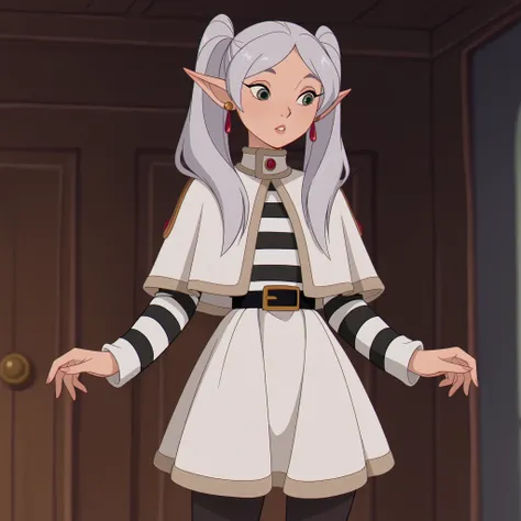 masterpiece, best quality, DisneyClassics, grey hair, long hair, green eyes, twintails, parted bangs, earrings, pointy ears FrierenCasual, striped shirt, white capelet, black belt, white skirt, long sleeves, black pantyhose