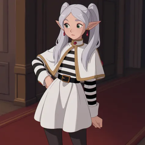 masterpiece, best quality, DisneyClassics, grey hair, long hair, green eyes, twintails, parted bangs, earrings, pointy ears FrierenCasual, striped shirt, white capelet, black belt, white skirt, long sleeves, black pantyhose