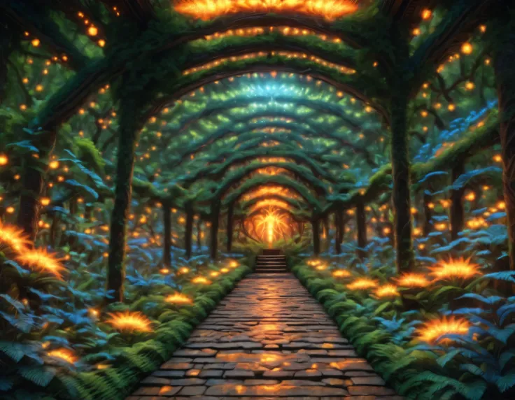 A blazing electric thicket glows in a radiant jungle, shimmering blue ferns hum, electric orange sparks flare, hyper-detailed, cinematic energy, 8K, vibrant neon colors, charged haven, style of Alex Grey