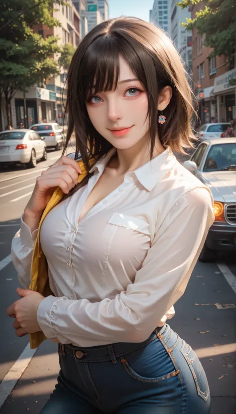 (best quality, ultra-detailed, photorealistic: 1.39), Face of naughty r, bright and vibrant colors, studio lighting, romantic expression, Perfect big breasts, cute blouse, long sleeves, jeans, Short blonder hair, bob style, bangs flowing in the wind, attra...