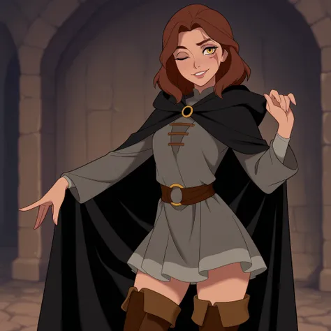 masterpiece, best quality, DisneyClassics disney scar across eye, facial tattoo, one eye closed, yellow eyes, brown hair, medium hair
black cloak, hooded cloak, hood down, grey dress, long sleeves, cape
thigh boots