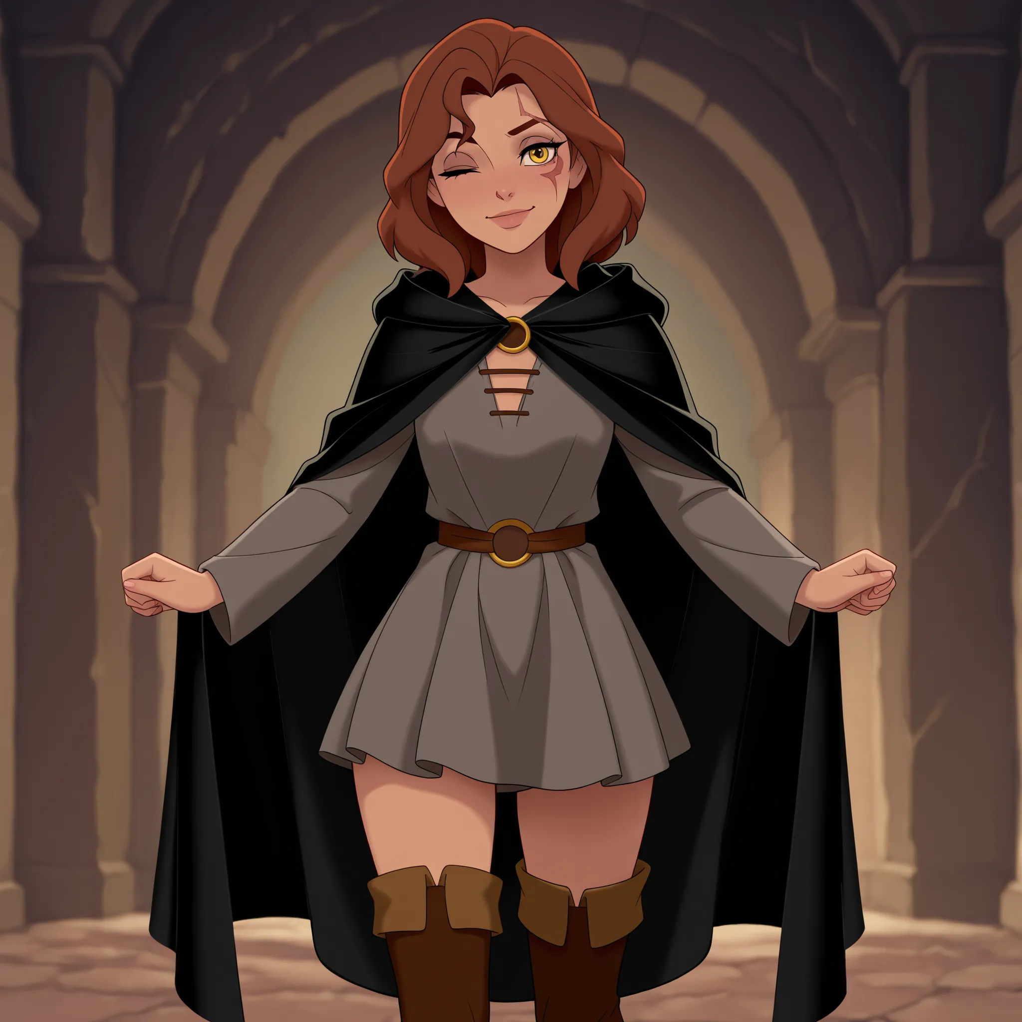 masterpiece, best quality, DisneyClassics disney scar across eye, facial tattoo, one eye closed, yellow eyes, brown hair, medium hair
black cloak, hooded cloak, hood down, grey dress, long sleeves, cape
thigh boots