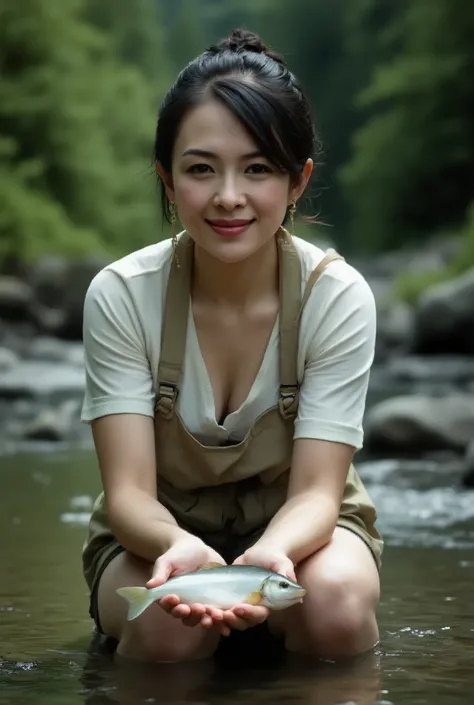 Ultra High Definition, ( realistic : 1.4),  RAW photos  , Highest Quality, ( realistic ), High Concentration  , Soft light, ((45 years old)), Picture of a smiling woman fishing for yamame in a mountain stream in Japan、 Summer outdoor wear 、(((Front view of...