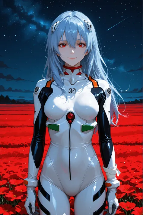 1 girl, ayanami rei, diving suit, hair between eyes, blue hair, pilot suit, skin tight, expressionless, bandages, red eyes, long hair, fair skin, i_rei, red eyes, medium breasts, confident expression, mocking smile, standing, in a field, looking at viewer,...
