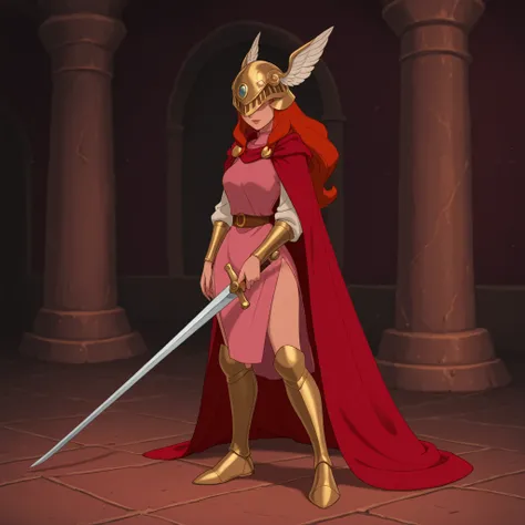 masterpiece, best quality, DisneyClassics disney a woman with red hair, winged helmet, sword, red cape
