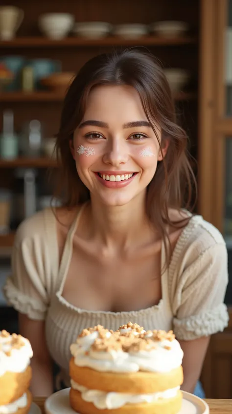 8k, masterpiece, Highest Quality, she is addicted to making cakes、I have cream on my cheeks、happy smile