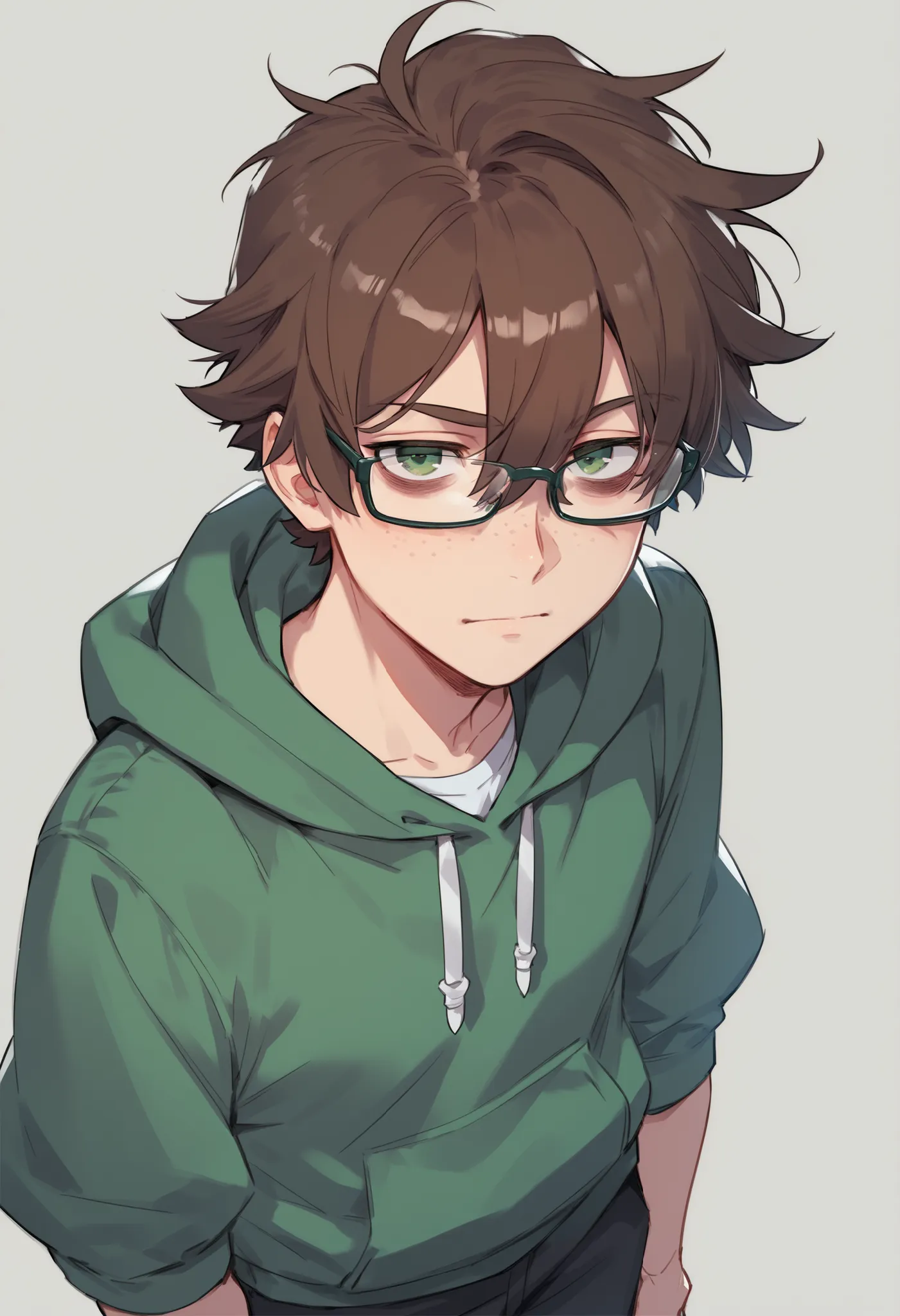 1boy, masterpiece, looking at viewer, facing viewer, cowboy shot angle, simple background, masterpiece, best quality, green eyes, hair between eyes, brown hair, glasses, messy hair, freckles, lean, short hair, bags under eyes, nerd, dark green hoodie, blac...