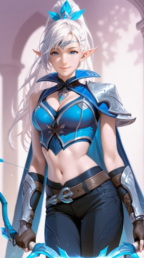 masterpiece, best quality, ultra-detailed, absurdres, newest,1girl, solo, miyadefault, white hair, long hair, blue eyes, elf, pointy ears, ponytail,  
armor, blue cape, midriff, navel, belt, black pants, cleavage, beautiful face, charming smile, gentle exp...