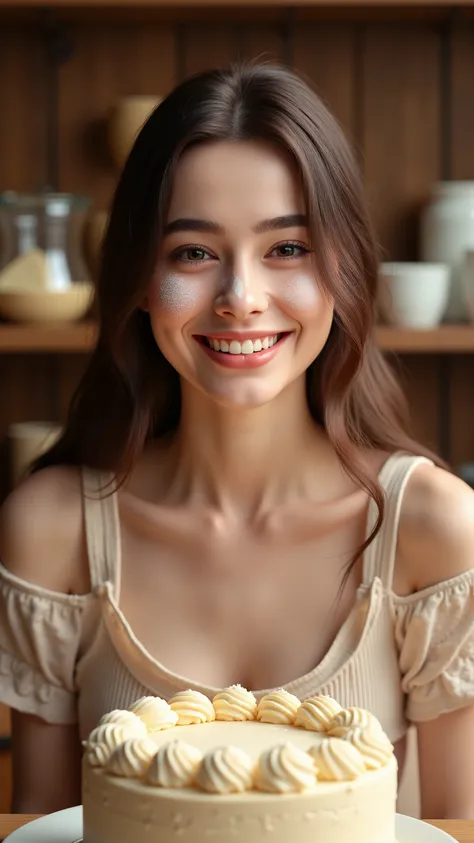 8k, masterpiece, Highest Quality, she is addicted to making cakes、I have cream on my cheeks、happy smile