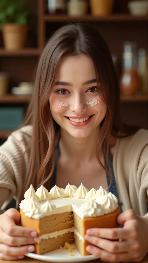 8k, masterpiece, Highest Quality, she is addicted to making cakes、I have cream on my cheeks、happy smile