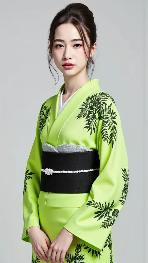 A young beautiful woman is wearing a kimono、Kimono of the future、Optical camouflage、Fluorescent green kimono、The pattern on the kimono is contemporary art、The collar is silver、are you wearing sneakers with heels