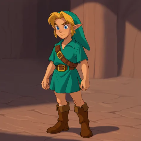 masterpiece, best quality, DisneyClassics disney 1boy, younglink, link, blonde hair, blue eyes, hat, pointy ears, green tunic, belt, boots