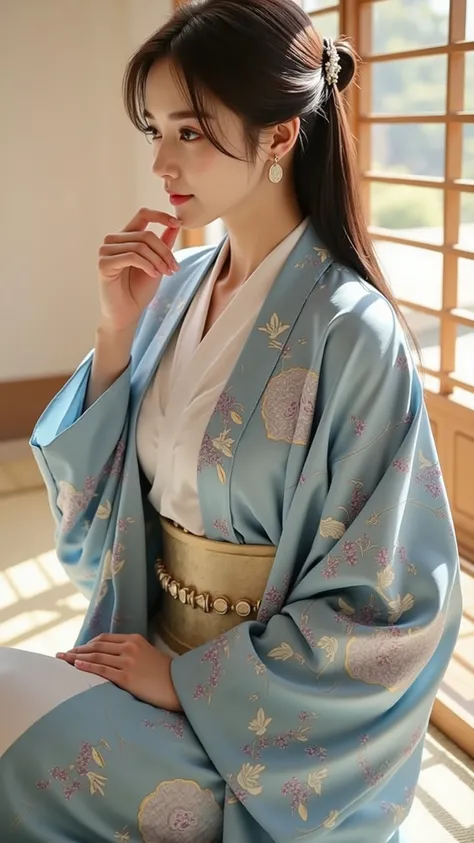 Ar311,sitting gracefully by the window、soft sunlight shines into a traditional Japanese-style room {x} wearing a flowing blue Japanese robe with a complex and exquisite natural pattern、a delicate white kimono and, Sit gracefully by the window, pensive、star...